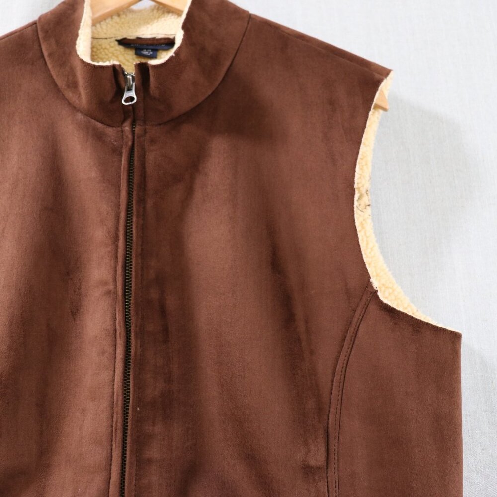 Lands End Faux Suede Sherpa Vest Women’s XL Petite 18-20 Brown Lined Full Zip - Picture 7 of 16